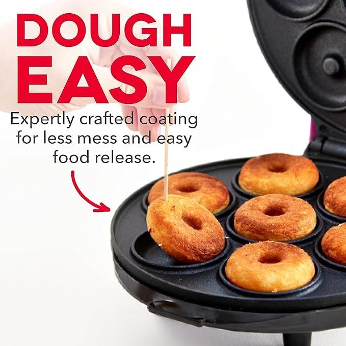Mini Donut Maker Machine – Kid-Friendly Breakfast and Snack Maker with Non-Stick Surface, Delightful Donut Print Design, Makes 7 Doughnuts (Multi)