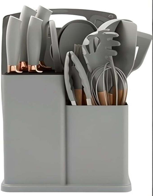 19-Piece Silicone Cooking Utensils & Knife Set with Block | Includes 11 Silicone Utensils, 5 Stainless Steel Knives, Scissors, Cutting Board | Grey