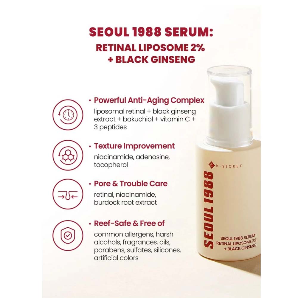 K-Secret SEOUL 1988 Serum with Retinal Liposome 2% & Black Ginseng – Anti-Aging, Wrinkle Care, Brightening & Firming Korean Face Serum 30ml