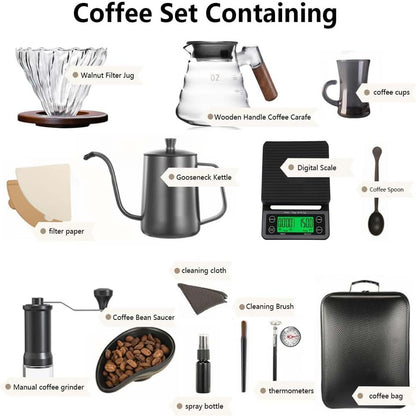 DX-2573 12-PC Pour Over Coffee Kit - Complete Set with Wooden Dripper & Travel Bag, Perfect Gift for Coffee Lovers