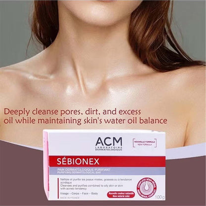 ACM Sebionex Purifying Soap. Deep cleansing bar for oily, acne-prone skin. Helps regulate sebum & prevent impurities. 100g.
