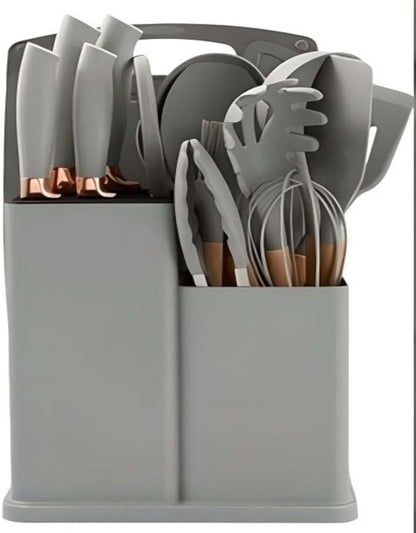 19-Piece Silicone Cooking Utensils & Knife Set with Block | Includes 11 Silicone Utensils, 5 Stainless Steel Knives, Scissors, Cutting Board | Grey