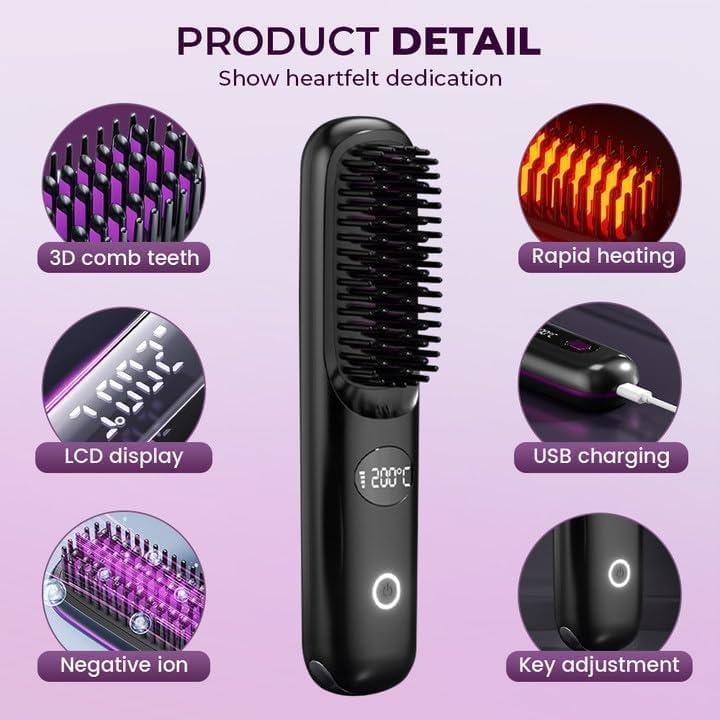 2-in-1 Hot Comb Rechargeable Heating Hair Straight Comb Electric Cordless Hair Style Brush Portable Mini Hair Straightener Brush
