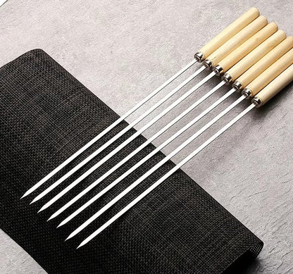 6 Pcs Kebab Skewers | Barbecue Skewers with Wooden Handle | Reusable Stainless Steel Metal BBQ Kabab Sticks