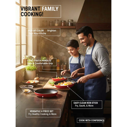 OE-017 4-Piece Red Non-Stick Frying Pan Set. 3 aluminum pans & spatula in 20cm, 24cm, 26cm. Dishwasher-safe.