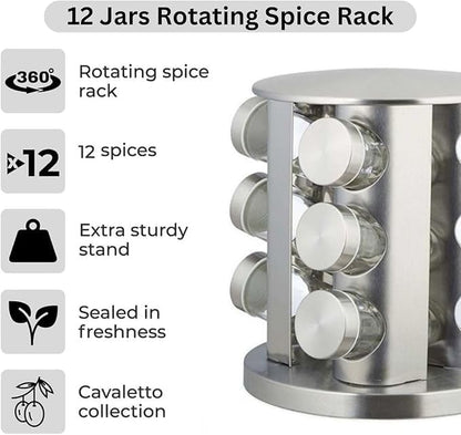 12-Piece Glass Spice Jar Set – Rotating Stainless Steel Spice Rack with 120ml Round Jars