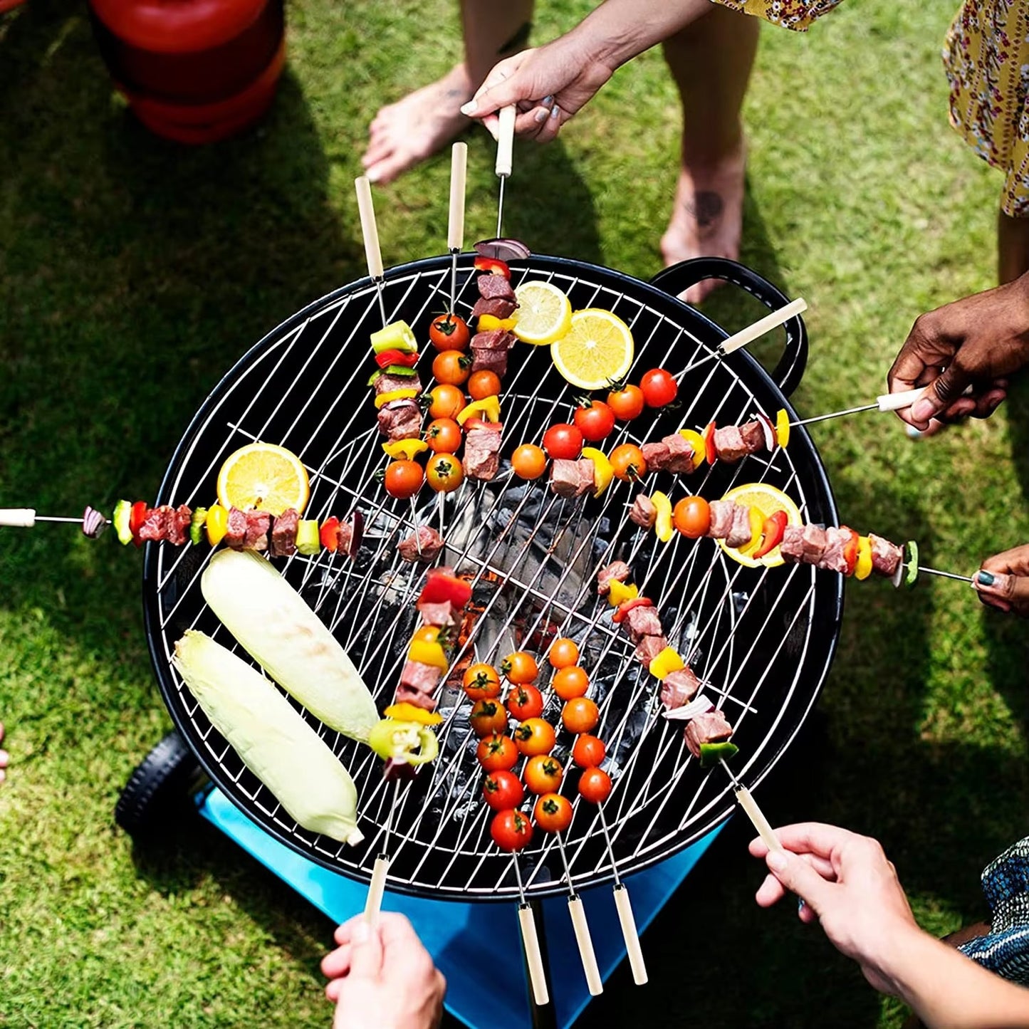 6 Pcs Kebab Skewers | Barbecue Skewers with Wooden Handle | Reusable Stainless Steel Metal BBQ Kabab Sticks