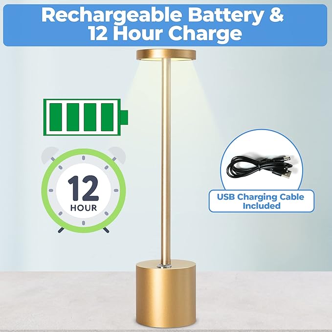 Cordless LED Table Lamp – Full Size Minimalist Design with Rechargeable Battery and 3-Level Dimming for Home, Office, and Nursery