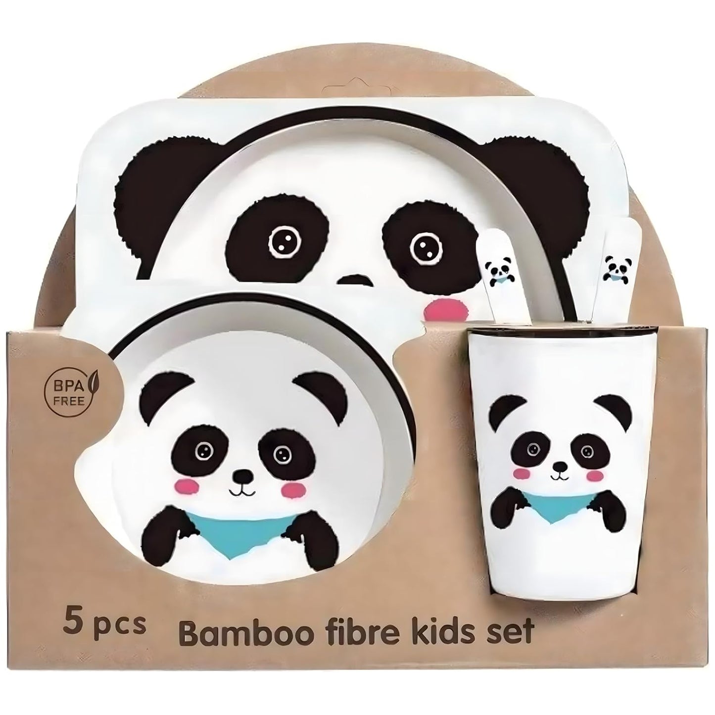 Kids' Dinnerware Set, 5 Piece Kids Dinnerware Set, Bamboo Fiber Kid Plates and Bowls Set, Baby Dishes Divided Toddler Plates for Child, Cartoon Pattern Design, Panda