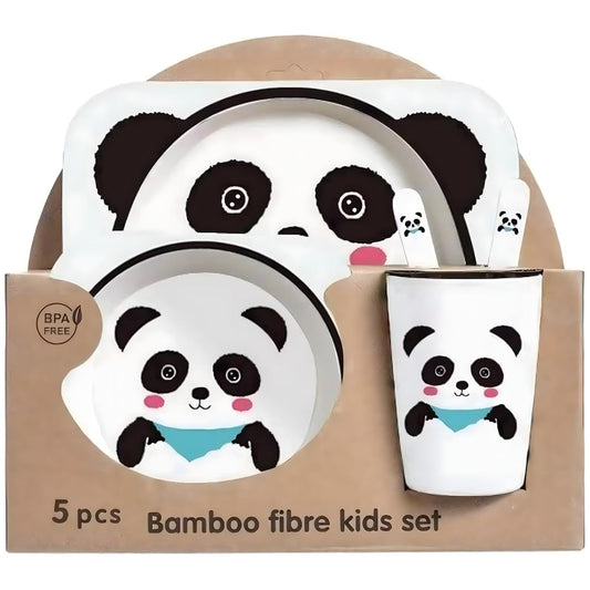 Kids' Dinnerware Set, 5 Piece Kids Dinnerware Set, Bamboo Fiber Kid Plates and Bowls Set, Baby Dishes Divided Toddler Plates for Child, Cartoon Pattern Design, Panda