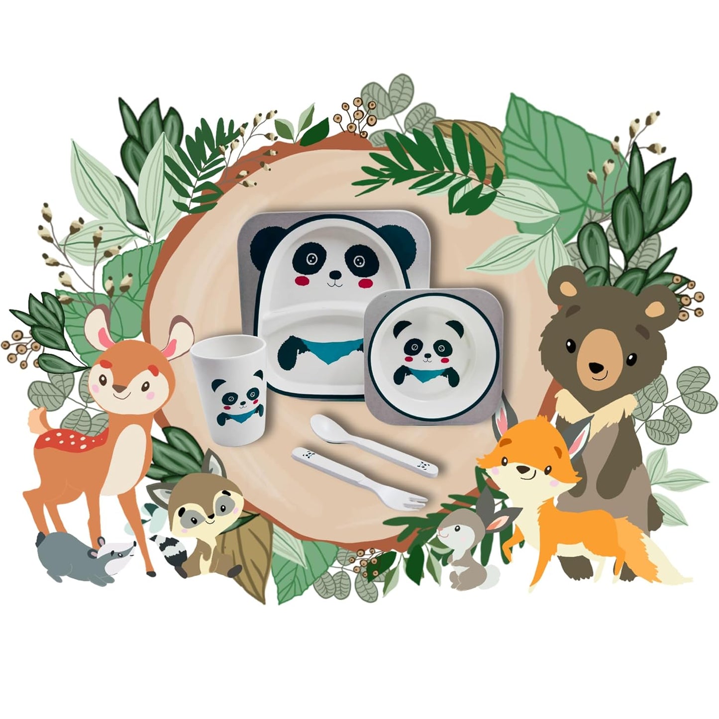Kids' Dinnerware Set, 5 Piece Kids Dinnerware Set, Bamboo Fiber Kid Plates and Bowls Set, Baby Dishes Divided Toddler Plates for Child, Cartoon Pattern Design, Panda