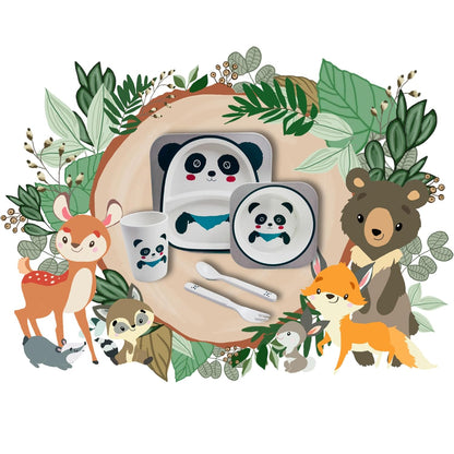 Kids' Dinnerware Set, 5 Piece Kids Dinnerware Set, Bamboo Fiber Kid Plates and Bowls Set, Baby Dishes Divided Toddler Plates for Child, Cartoon Pattern Design, Panda