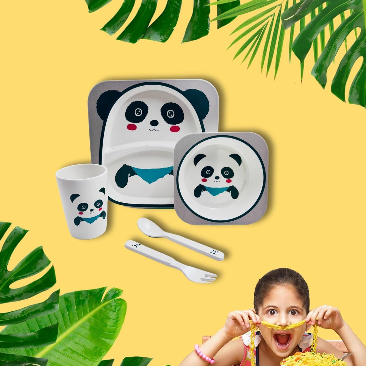 Kids' Dinnerware Set, 5 Piece Kids Dinnerware Set, Bamboo Fiber Kid Plates and Bowls Set, Baby Dishes Divided Toddler Plates for Child, Cartoon Pattern Design, Panda