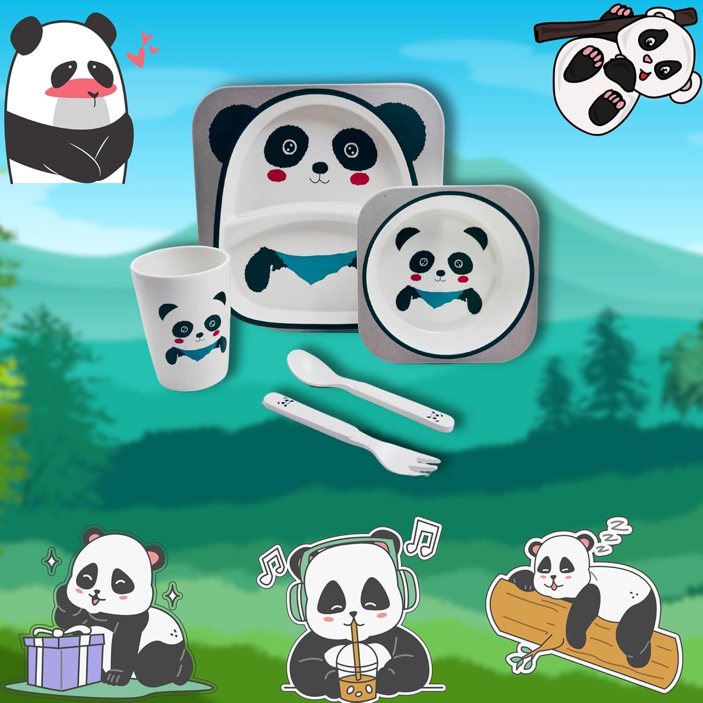 Kids' Dinnerware Set, 5 Piece Kids Dinnerware Set, Bamboo Fiber Kid Plates and Bowls Set, Baby Dishes Divided Toddler Plates for Child, Cartoon Pattern Design, Panda