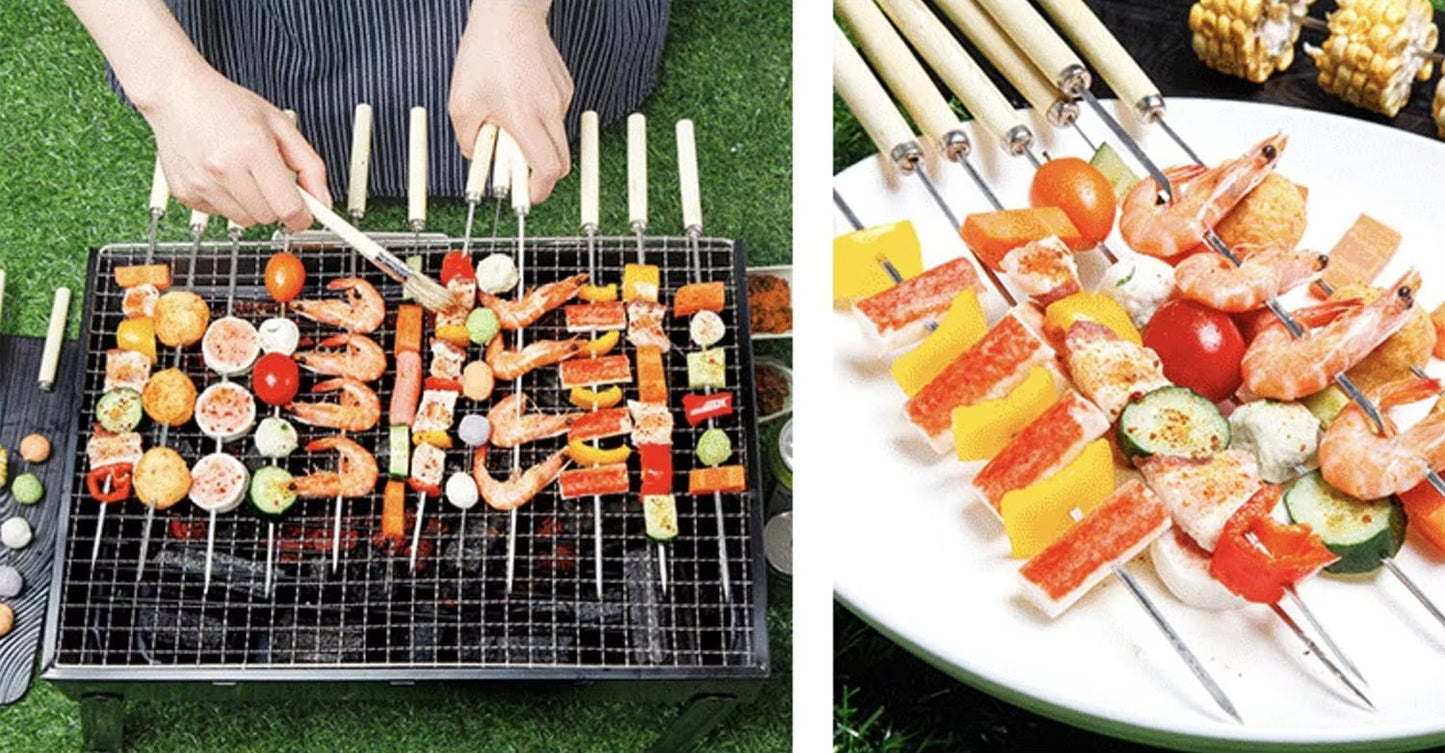 6 Pcs Kebab Skewers | Barbecue Skewers with Wooden Handle | Reusable Stainless Steel Metal BBQ Kabab Sticks