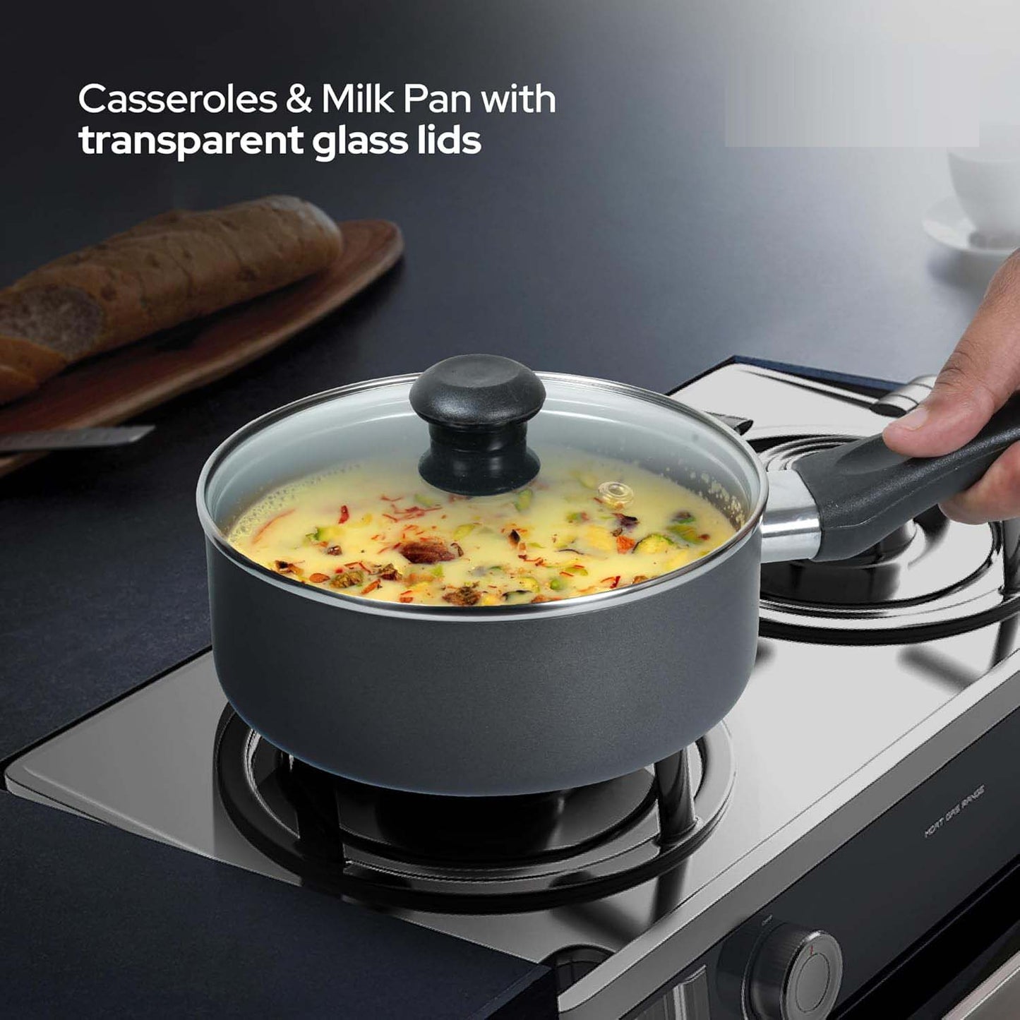 10-Piece Nonstick Cookware Set - Aluminum, Glass Lids, Casserole, Saucepan, Frypan, Nylon Turner, Dishwasher Safe (Black)