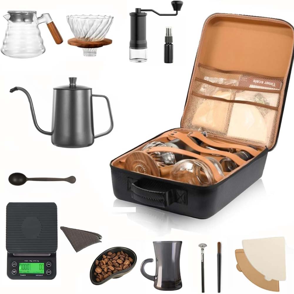 DX-2573 12-PC Pour Over Coffee Kit - Complete Set with Wooden Dripper & Travel Bag, Perfect Gift for Coffee Lovers
