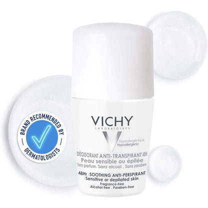 Vichy 48H Soothing Roll-On Anti-Perspirant - Gentle Aluminum-Free Formula for Sensitive Skin, 50ml