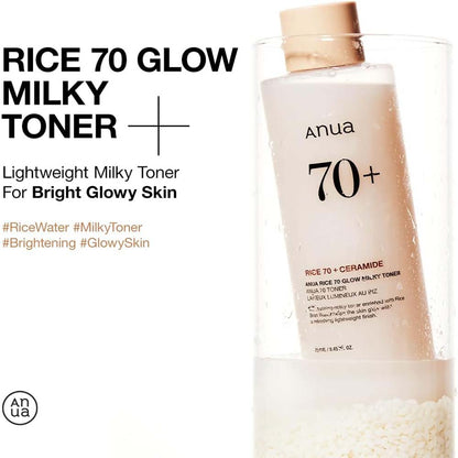 ANUA Rice 70 Grow Milky Toner 250ml - Korean Moisturizing Lotion for Brightening, Hydration & Smooth Skin Tone