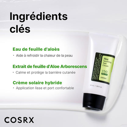 COSRX Aloe Soothing Sun Cream SPF50. Hydrating daily sunscreen for dry, sensitive skin. No white cast. UVA/UVB protection.