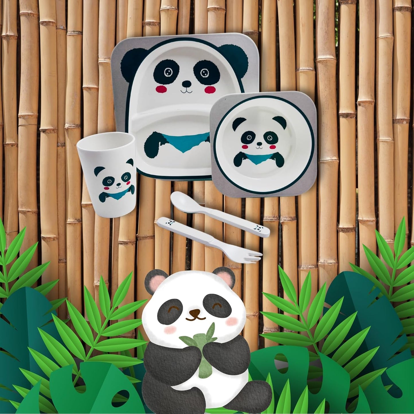Kids' Dinnerware Set, 5 Piece Kids Dinnerware Set, Bamboo Fiber Kid Plates and Bowls Set, Baby Dishes Divided Toddler Plates for Child, Cartoon Pattern Design, Panda