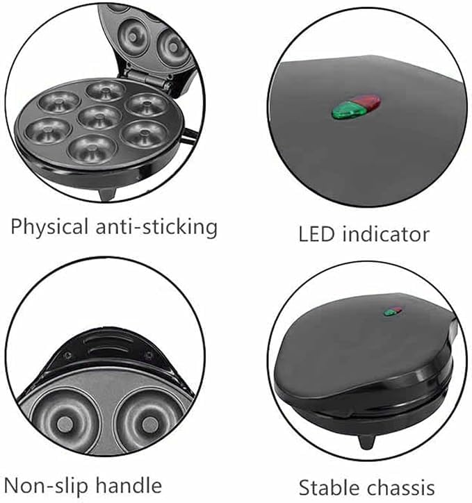 Mini Donut Maker Machine – Kid-Friendly Breakfast and Snack Maker with Non-Stick Surface, Delightful Donut Print Design, Makes 7 Doughnuts (Multi)