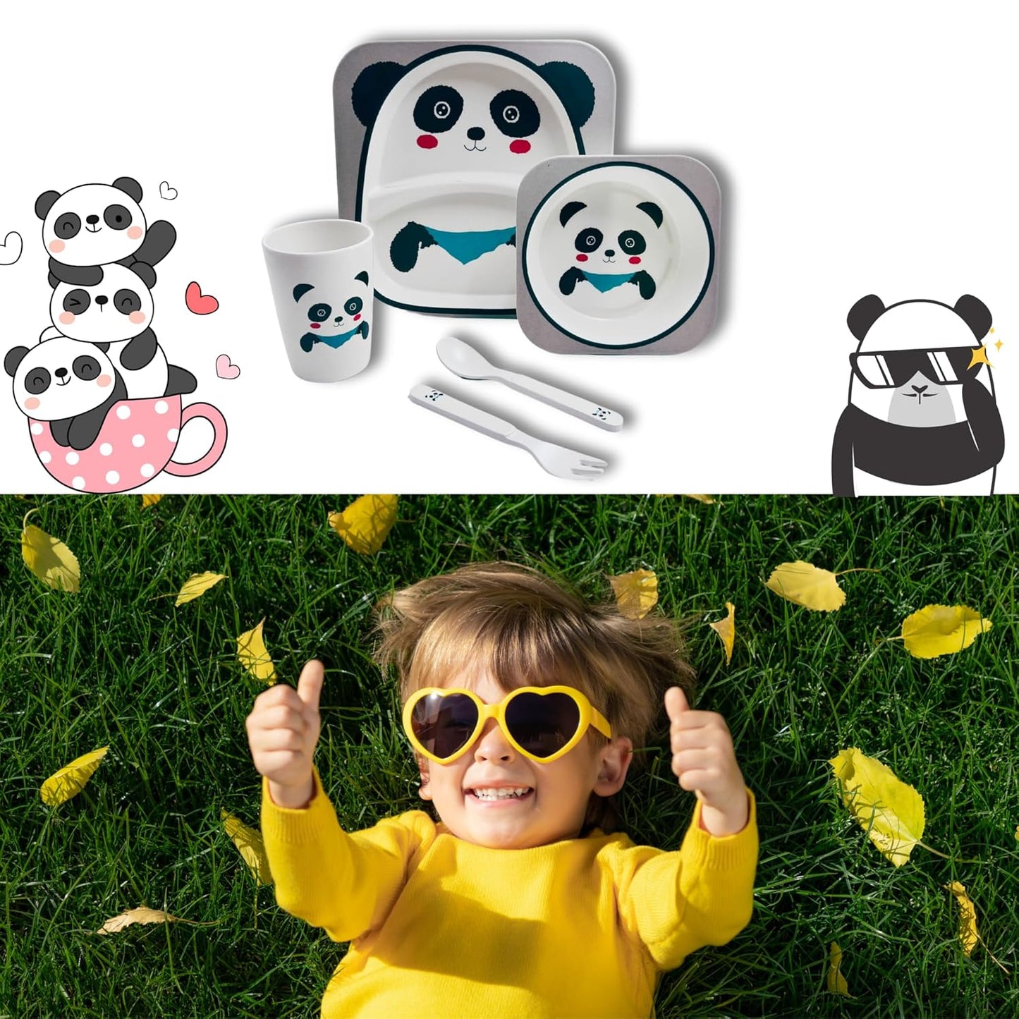 Kids' Dinnerware Set, 5 Piece Kids Dinnerware Set, Bamboo Fiber Kid Plates and Bowls Set, Baby Dishes Divided Toddler Plates for Child, Cartoon Pattern Design, Panda