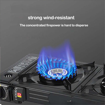 Portable Double Burner Card Stove. Windproof butane camp stove with 3-second ignition for fast outdoor cooking. Compact design.