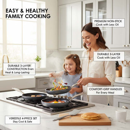 OE-017 4-Piece Non-Stick Frying Pan Set. 3 pans & nylon spatula in 20cm, 24cm, 26cm. Dishwasher-safe aluminum body. (Black)