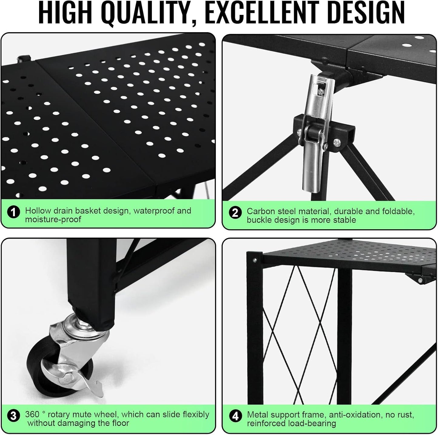 4-Layer White Mobile Folding Kitchen Storage Rack – No-Installation, Thickened Multi-Purpose Shelf (Black)