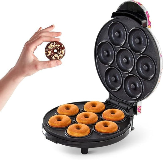 Mini Donut Maker Machine – Kid-Friendly Breakfast and Snack Maker with Non-Stick Surface, Delightful Donut Print Design, Makes 7 Doughnuts (Multi)