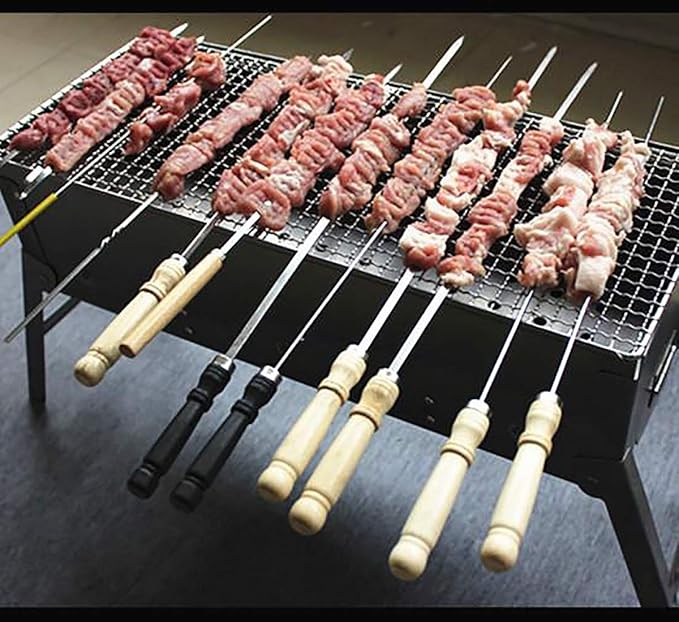 6 Pcs Kebab Skewers | Barbecue Skewers with Wooden Handle | Reusable Stainless Steel Metal BBQ Kabab Sticks