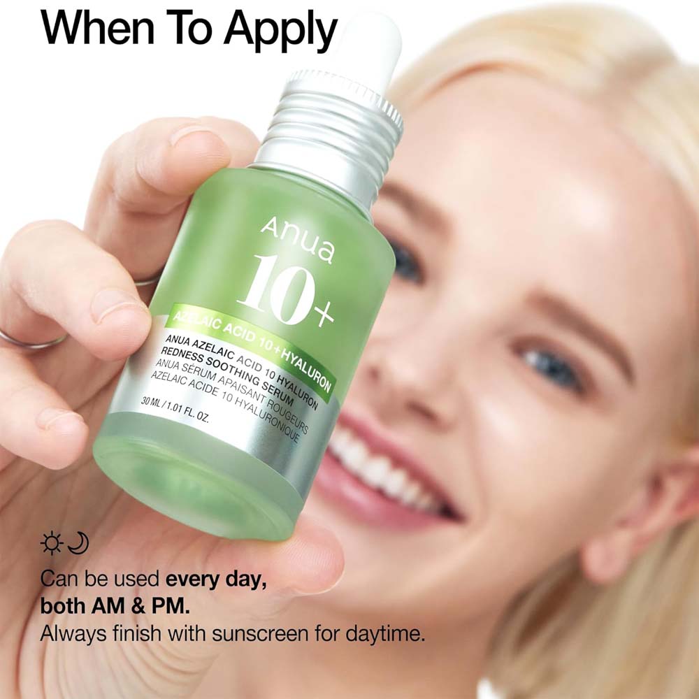 Anua Azelaic Acid 10 Soothing Serum with Hyaluronic Acid & Niacinamide for redness-prone, sensitive skin. Vegan Korean skincare.