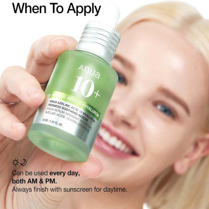 Anua Azelaic Acid 10 Soothing Serum with Hyaluronic Acid & Niacinamide for redness-prone, sensitive skin. Vegan Korean skincare.