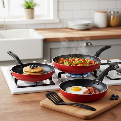OE-017 4-Piece Red Non-Stick Frying Pan Set. 3 aluminum pans & spatula in 20cm, 24cm, 26cm. Dishwasher-safe.