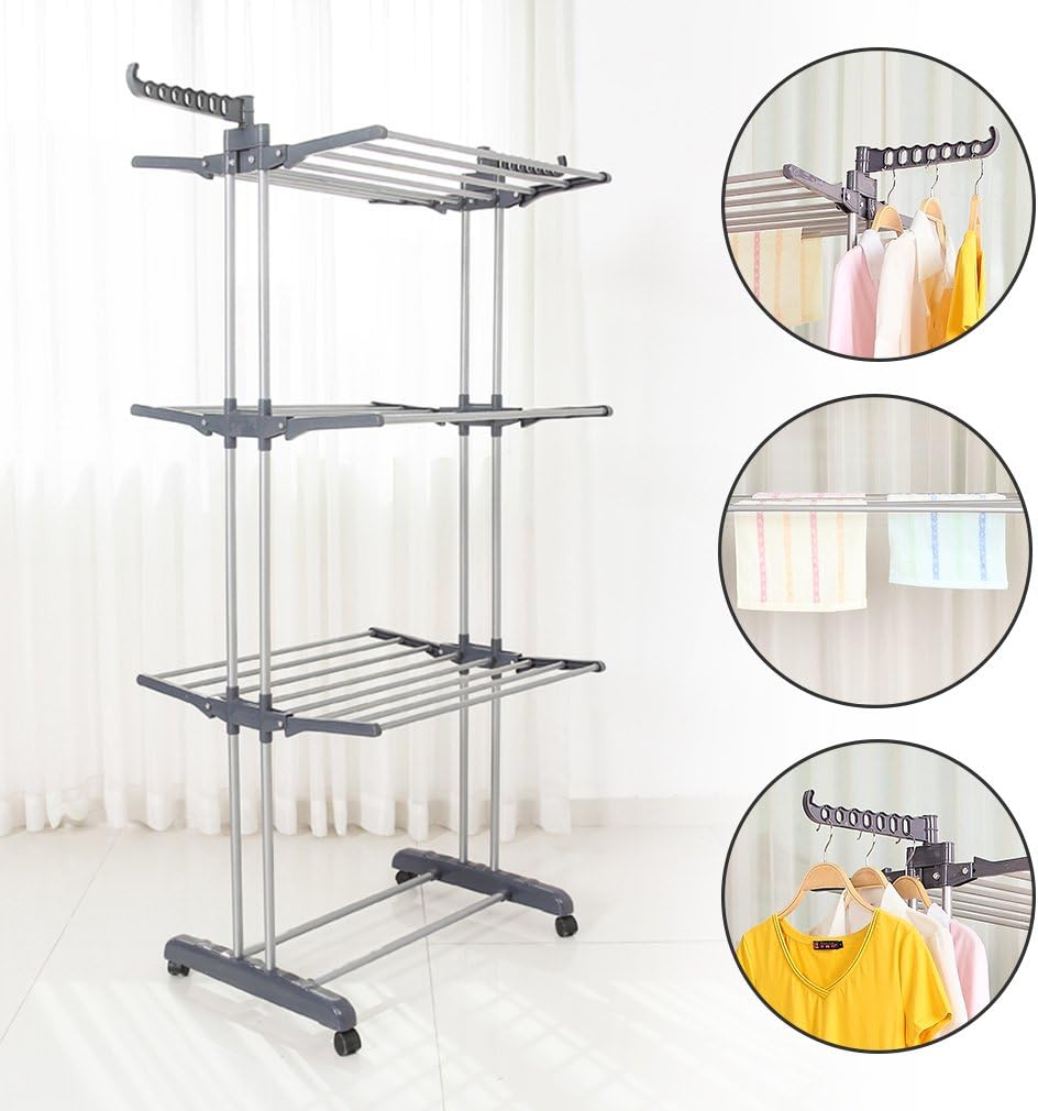 Foldable Rolling Laundry Drying Rack with Adjustable Shelves | Heavy-Duty Stainless Steel Rods | Compact Storage | 4-Tier Adjustable Height & Portable Design
