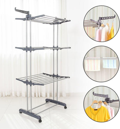 Foldable Rolling Laundry Drying Rack with Adjustable Shelves | Heavy-Duty Stainless Steel Rods | Compact Storage | 4-Tier Adjustable Height & Portable Design