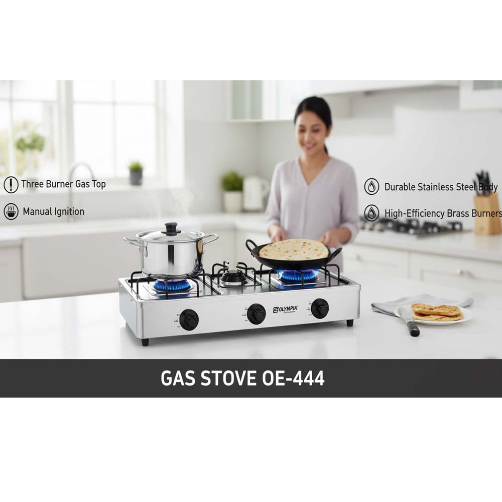OE-444 3-Burner Gas Stove. Stainless steel enamel body with auto ignition for efficient, powerful triple-burner cooking.