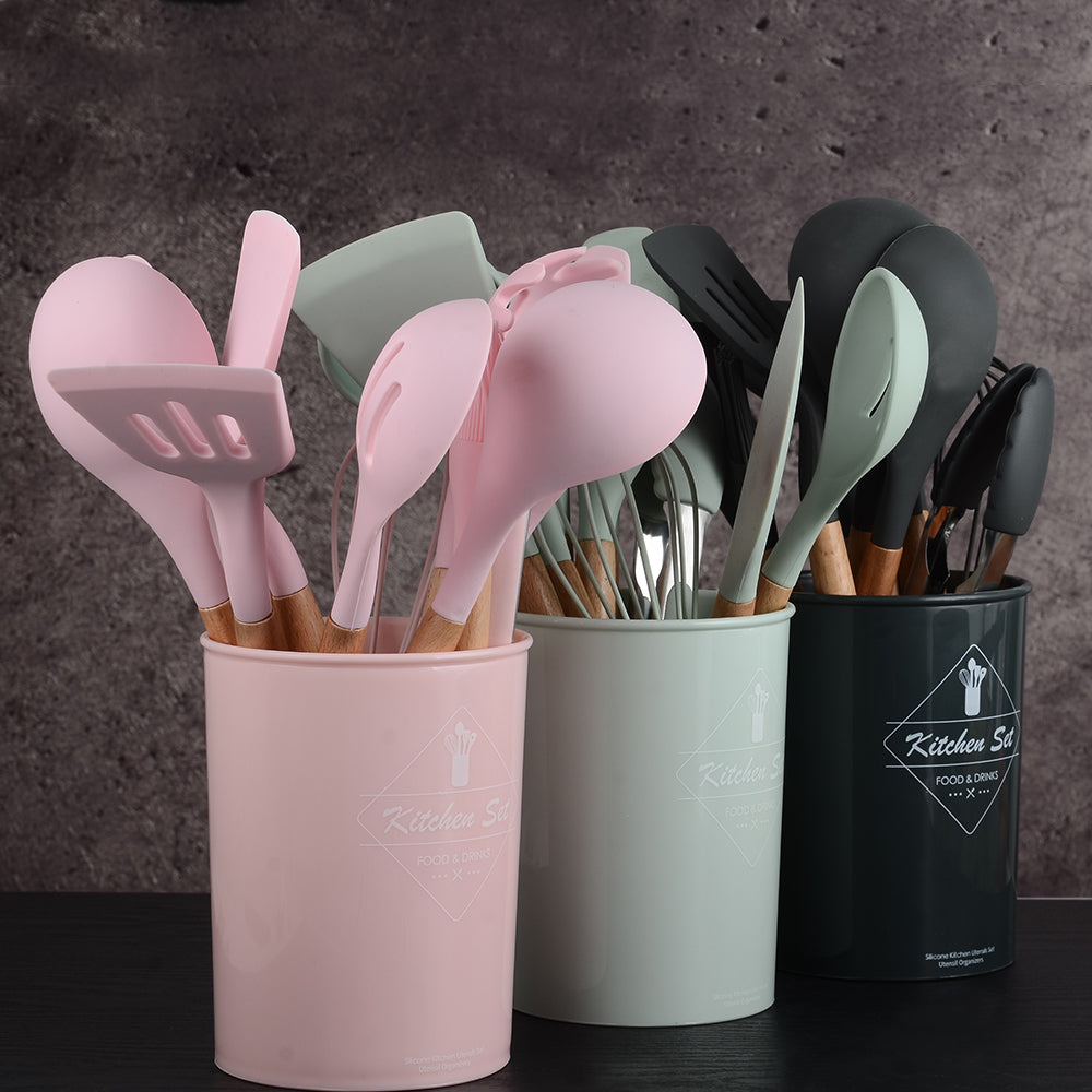 12-Piece Silicone Kitchen Set - Wooden Handles, Scratch-Resistant Baking Tools in Nylon Case, Perfect Home Kitchenware