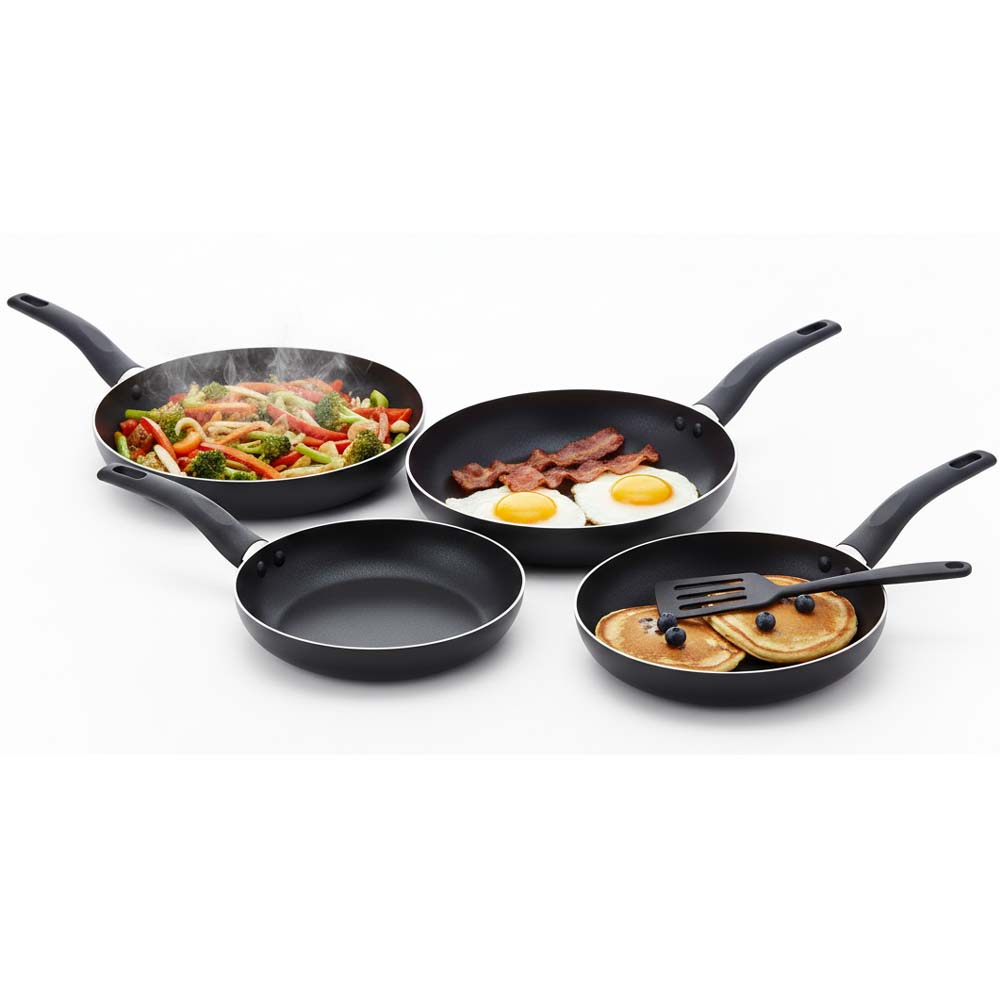 OE-017 4-Piece Non-Stick Frying Pan Set. 3 pans & nylon spatula in 20cm, 24cm, 26cm. Dishwasher-safe aluminum body. (Black)