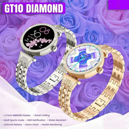 GT10 Diamond Smartwatch | 1.2" AMOLED Display | Heart Rate, Sleep, and Menstrual Tracking | Compatible with Android & iOS | Elegant, High-Performance Smartwatch for Women
