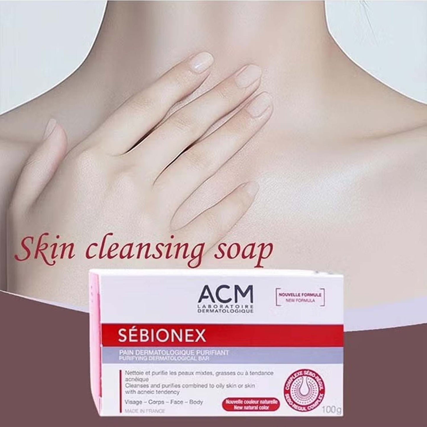 ACM Sebionex Purifying Soap. Deep cleansing bar for oily, acne-prone skin. Helps regulate sebum & prevent impurities. 100g.