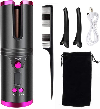 Cordless Hair Curler – Automatic Hair Curling Iron with Heatless Rotating Technology, 3 Temperature & Timer Settings