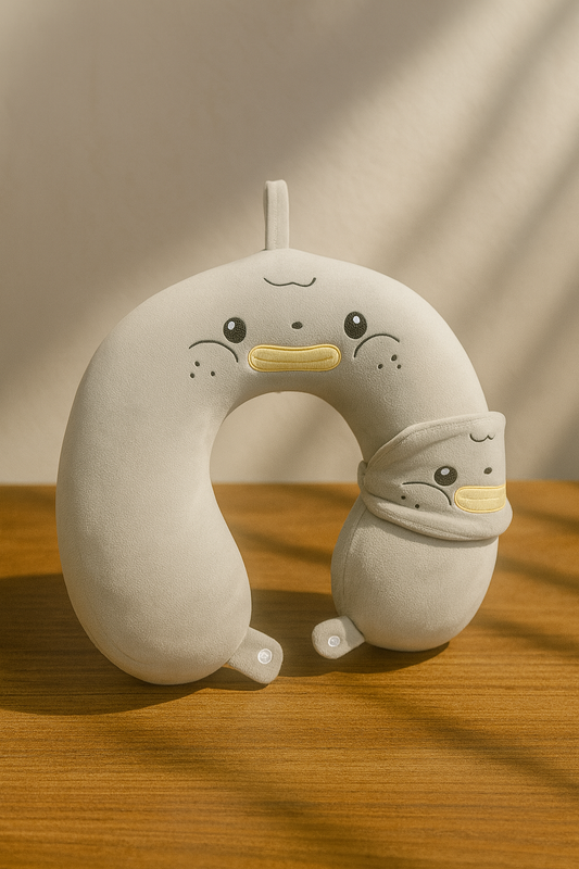Cute Seal Travel Neck Pillow, Travel comfort, Pup design, Adorable seal, Motif, U-shaped design, Soft plush material.