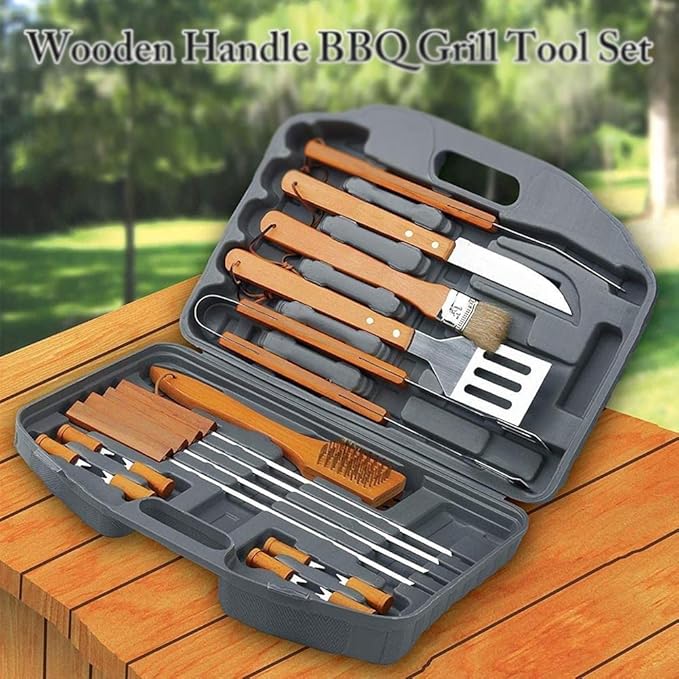 BBQ Tool Set 18-Piece | Stainless Steel with Wooden Handles | Ideal Christmas or Birthday Gift for Men, Dad, and Women