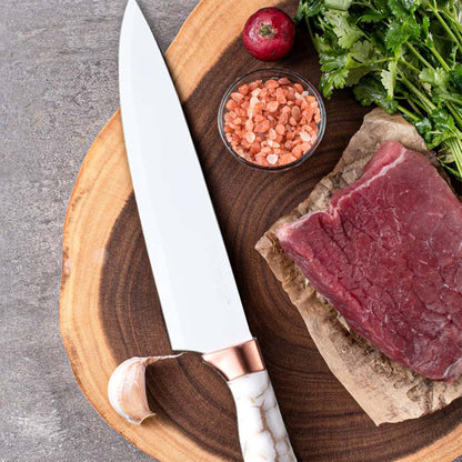 9-Piece White Kitchen Knife Set Ultra-sharp non-stick blades with cracked handle design & acrylic stand. Perfect gift set.