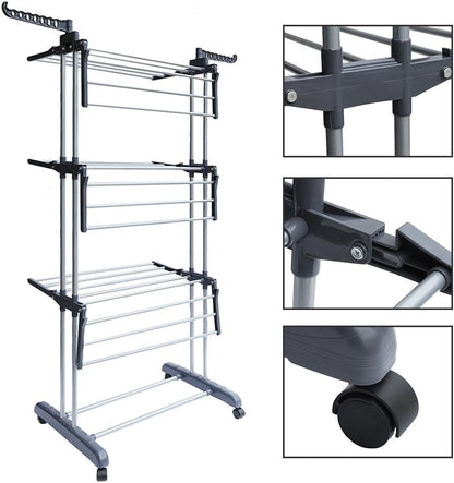 Foldable Rolling Laundry Drying Rack with Adjustable Shelves | Heavy-Duty Stainless Steel Rods | Compact Storage | 4-Tier Adjustable Height & Portable Design