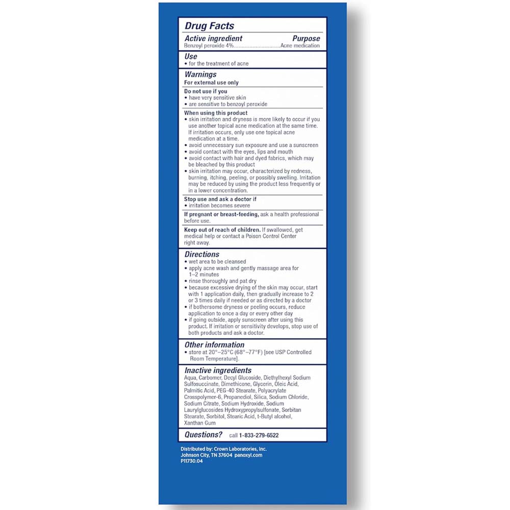 Panoxyl 4% Benzoyl Peroxide Acne Foaming Face Wash. Medicated cleanser to treat & prevent breakouts. Fragrance-free. 6oz.