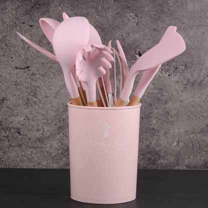 12-Piece Silicone Kitchen Set - Wooden Handles, Scratch-Resistant Baking Tools in Nylon Case, Perfect Home Kitchenware