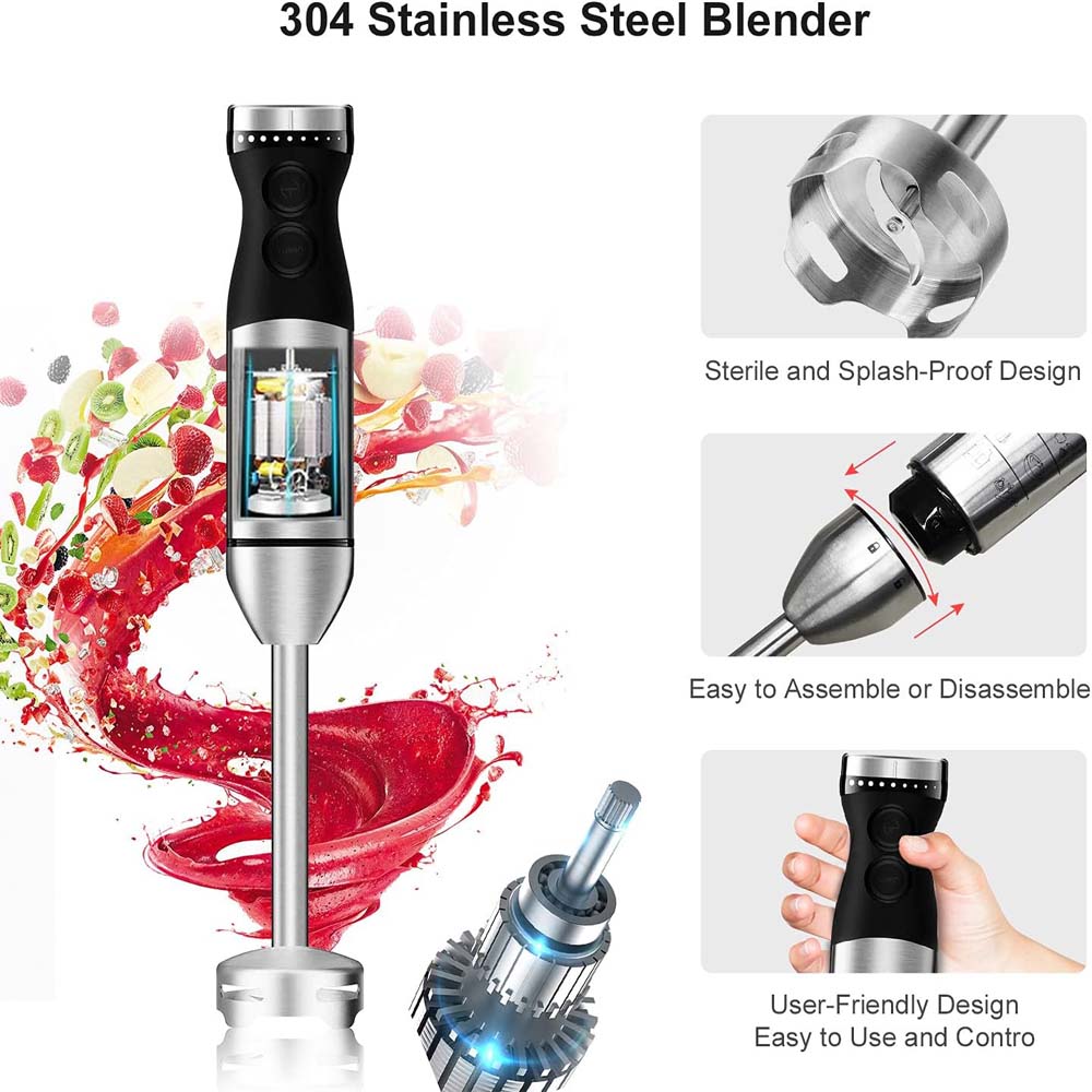 9-Speed Hand Blender - 5-in-1 Stainless Steel Handheld Mixer with Whisk, 700ml & 500ml Containers, Dishwasher Safe